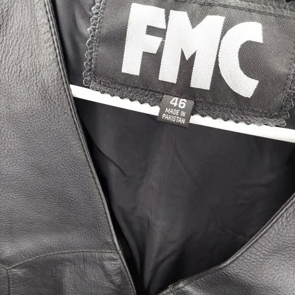FMC Mens Leather Vest 46 Black Side Laced Grommet Snap Front V-Neck Pockets - Picture 3 of 9